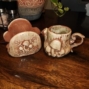 Vintage Arnels Mushrooms Napkin Holder and mug/ Creamer Cottagecore Ceramic 70s